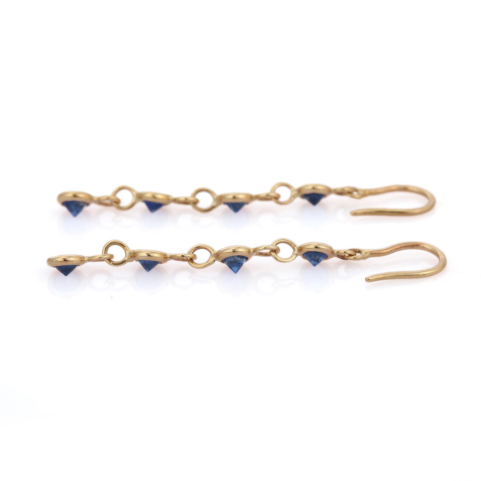 Natural Blue Sapphire Dangle Earrings in 18K Yellow Gold, Linear Earrings For Sale 3