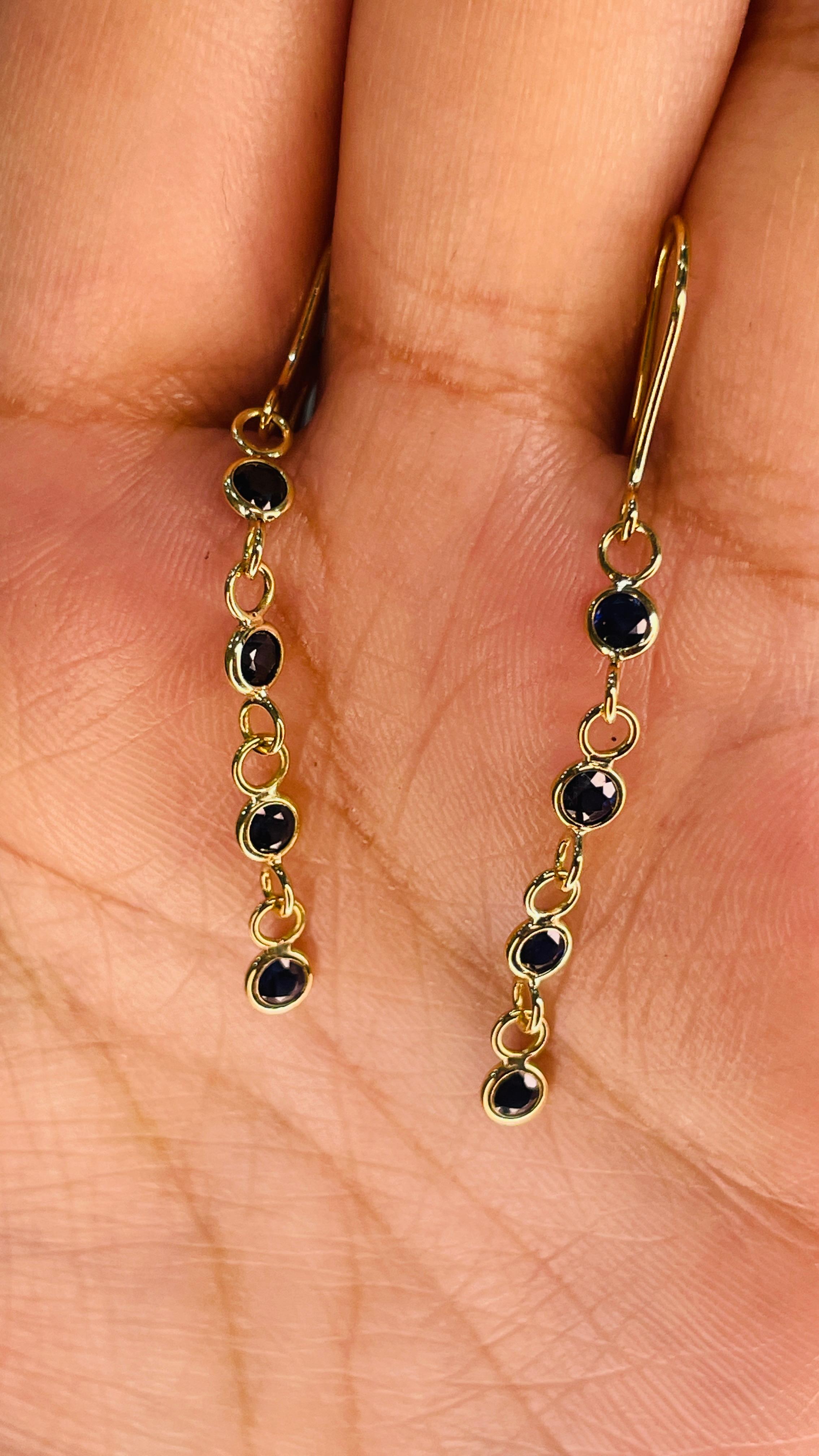 Natural Blue Sapphire Dangle Earrings in 18K Yellow Gold, Linear Earrings For Sale 1