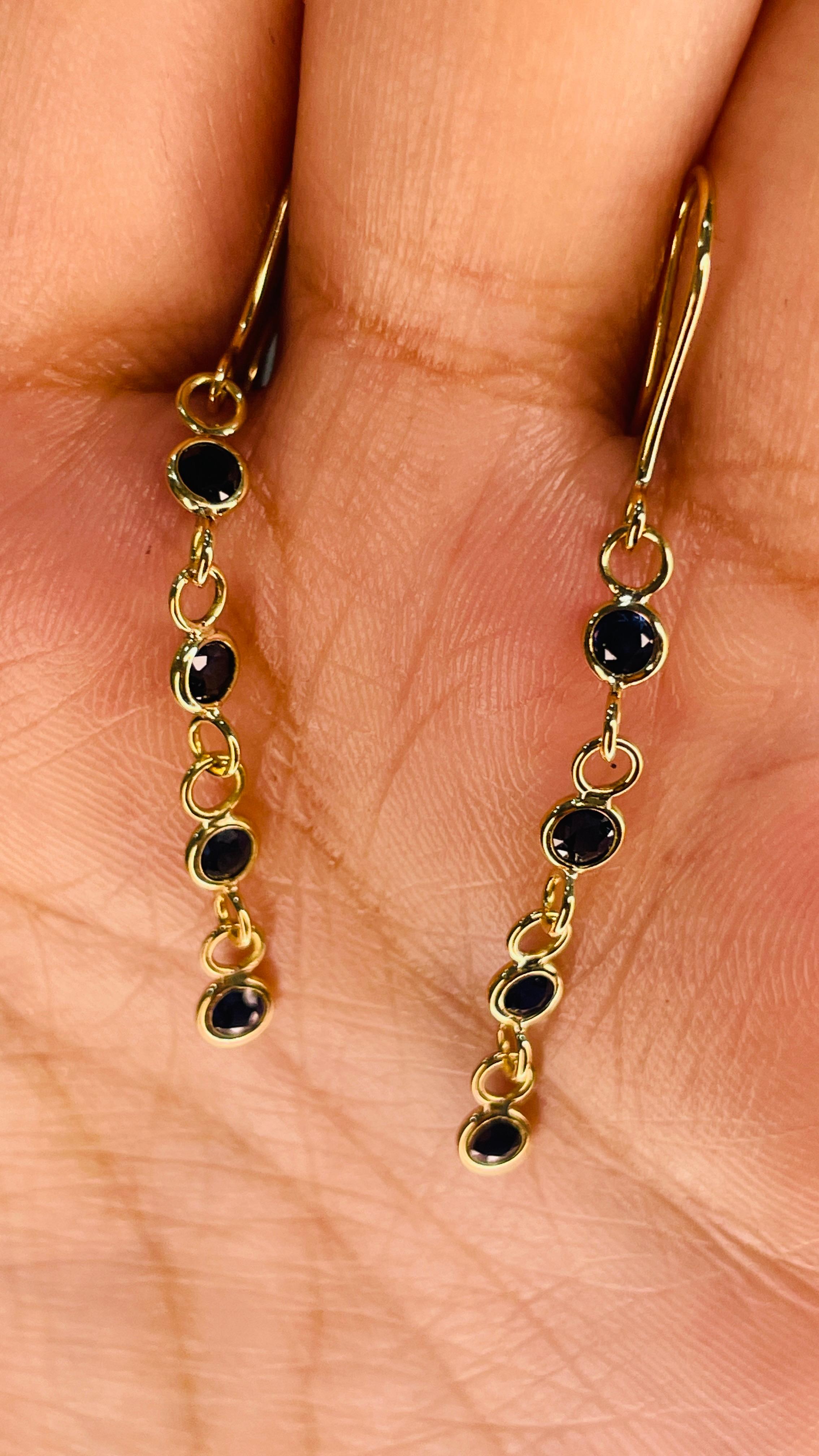 Natural Blue Sapphire Dangle Earrings in 18K Yellow Gold, Linear Earrings For Sale 2