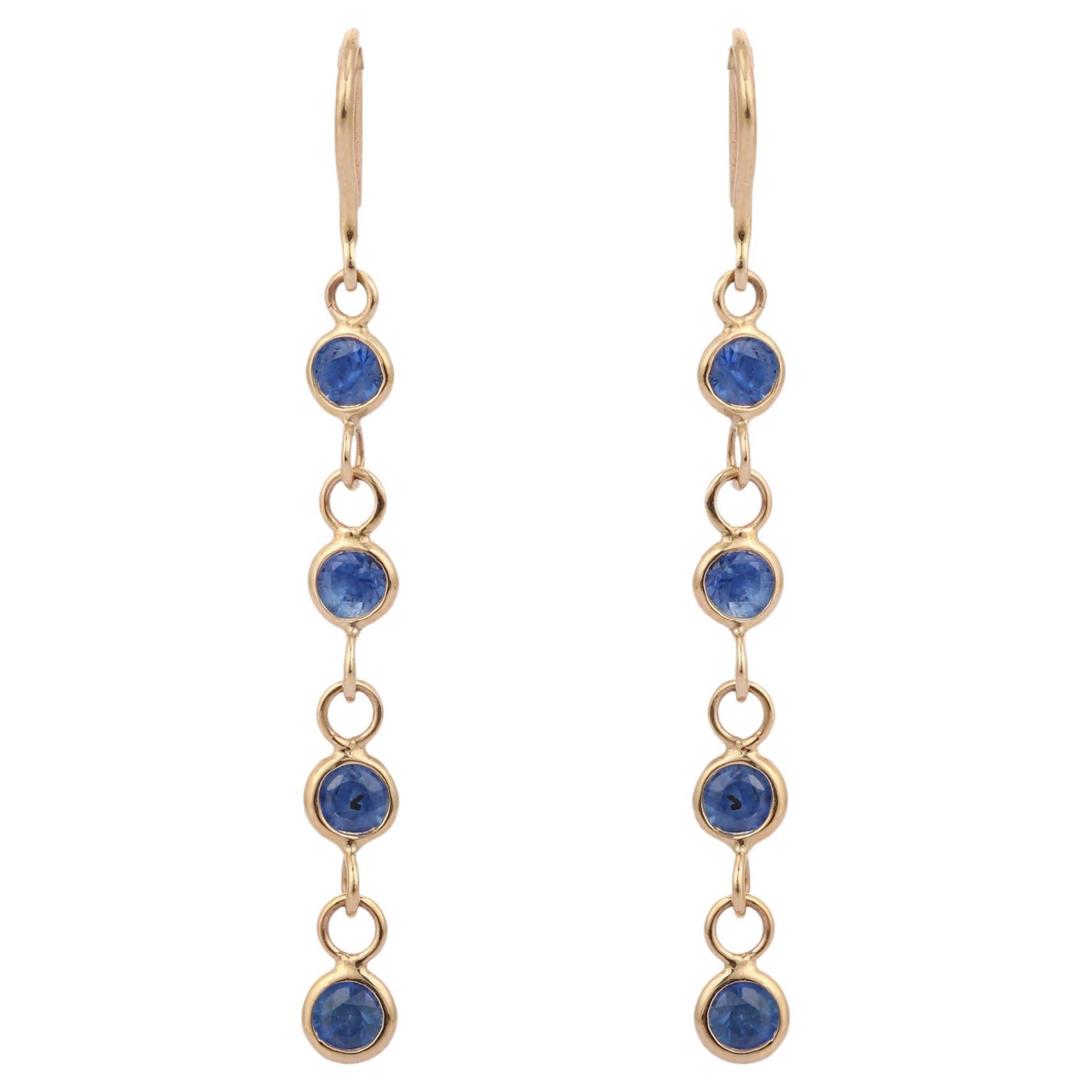 Natural Blue Sapphire Dangle Earrings in 18K Yellow Gold, Linear Earrings For Sale