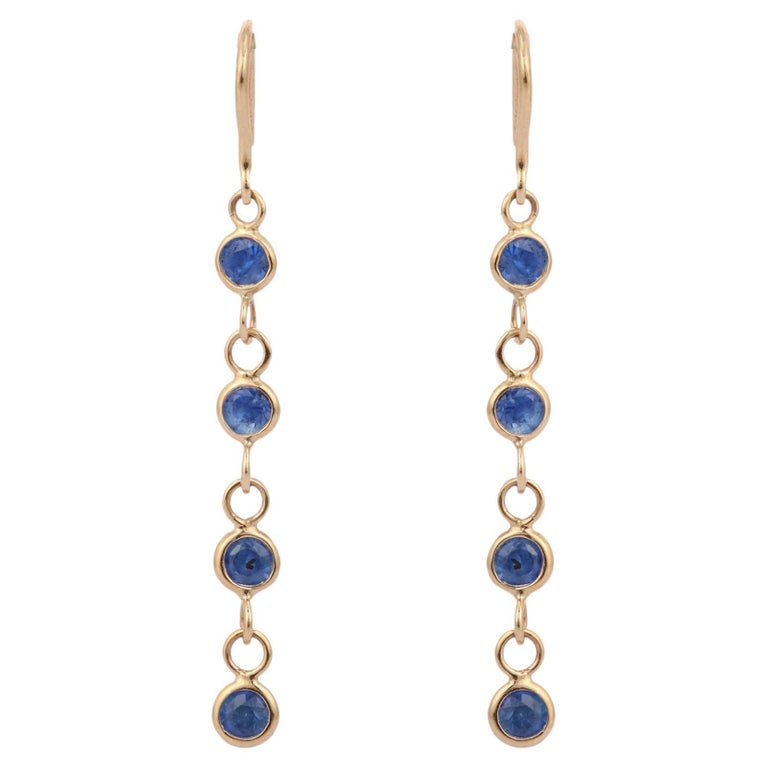 Natural Blue Sapphire Dangle Earrings in 18K Gold For Sale