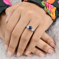 Natural Blue Sapphire Diamond 14 Karat White Gold Three Stone Ring Fine Jewelry