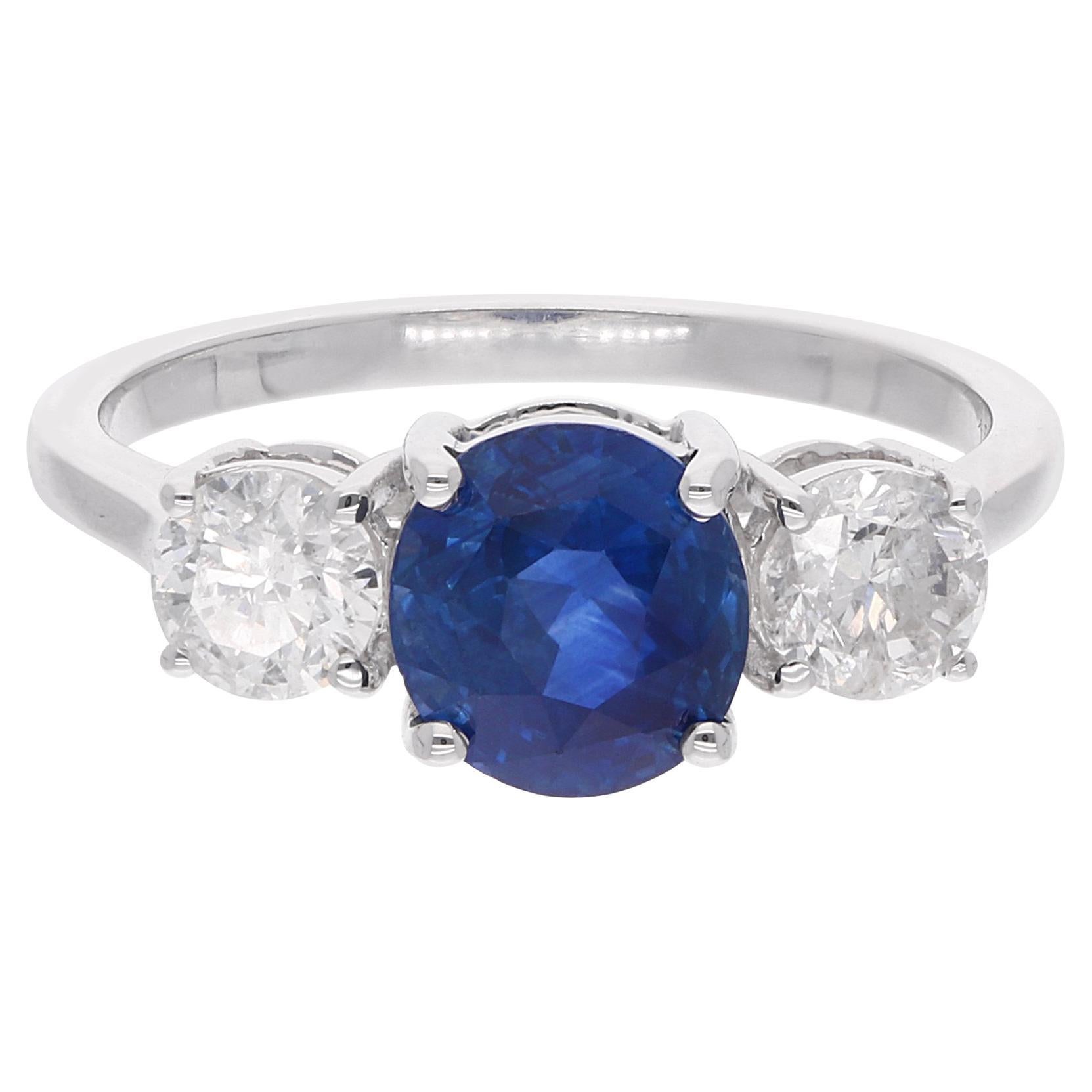 Saphir bleu naturel Diamant Bague trois pierres en or blanc 14 carats Fine Jewelry