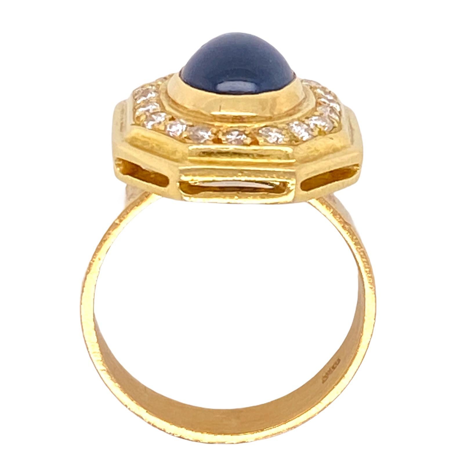 Cabochon Natural Blue Sapphire Diamond 18 Karat Yellow Gold Estate Ring