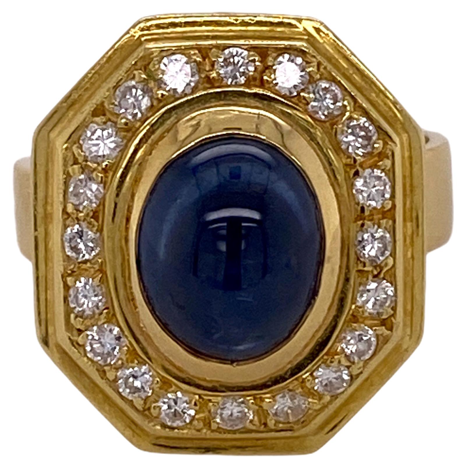 Natural Blue Sapphire Diamond 18 Karat Yellow Gold Estate Ring