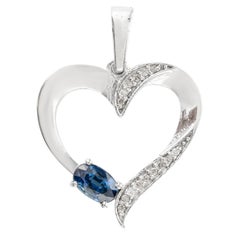 Natural Blue Sapphire Diamond .925 Silver Heart Pendant Valentine Gift for Her