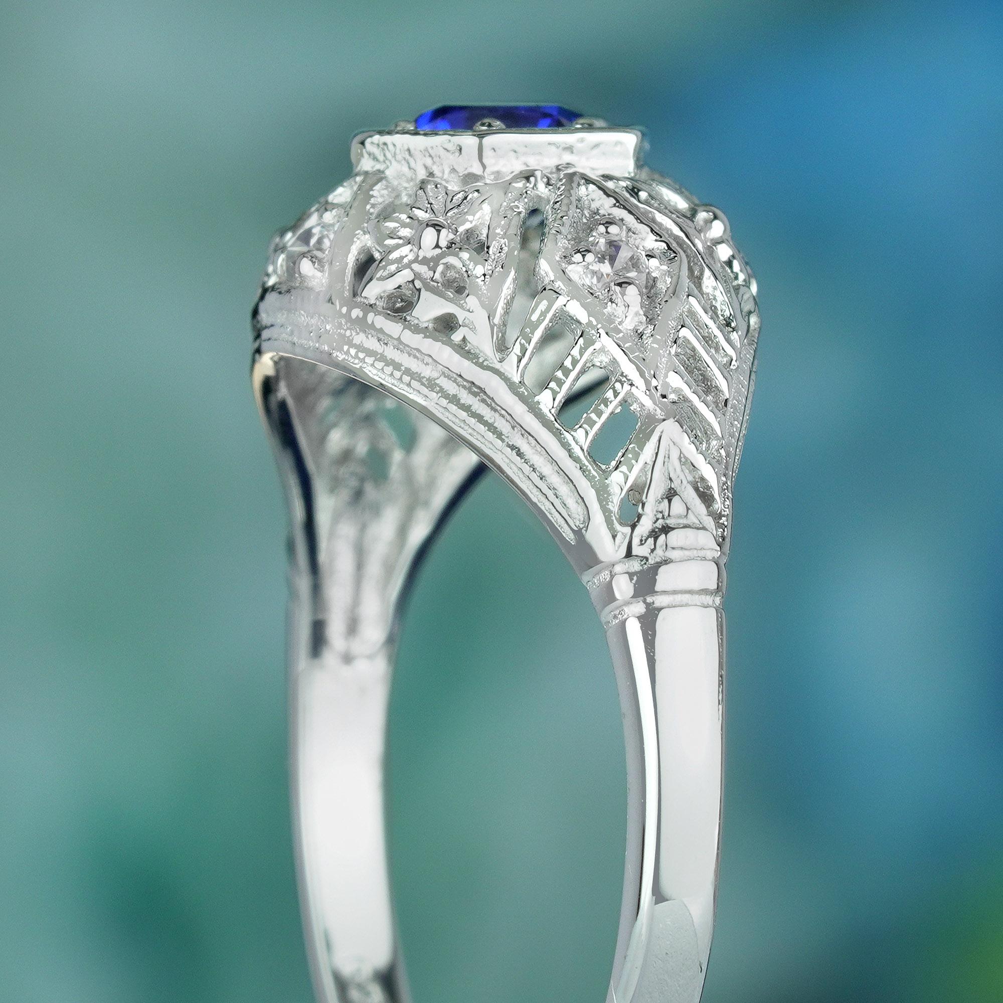 Verlobungsring aus massivem 9 Karat Gold mit natürlichem blauem Saphir und Diamant im Art-déco-Stil Damen im Angebot