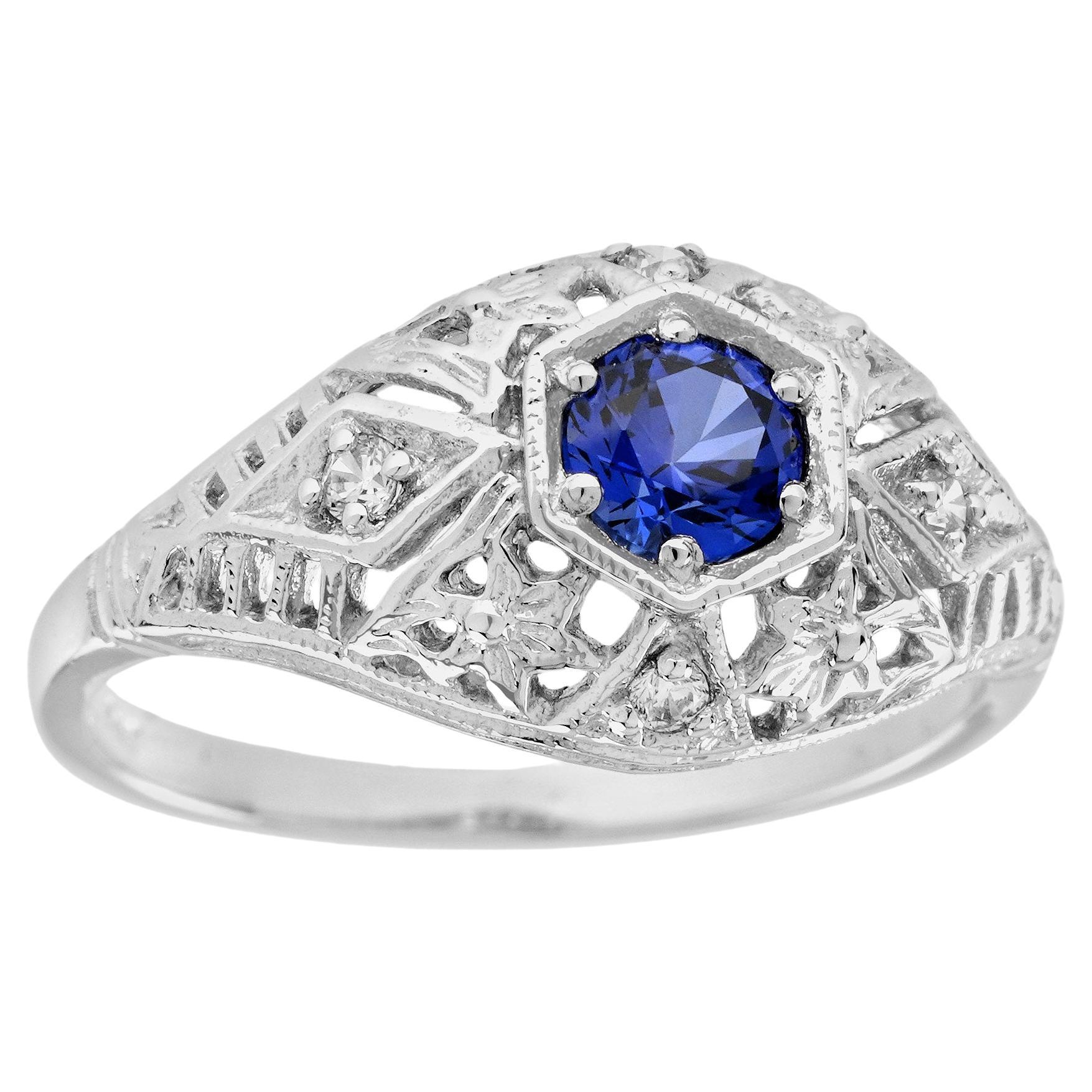 Natural Blue Sapphire Diamond Art Deco Style Engagement Ring in Solid 9K Gold For Sale