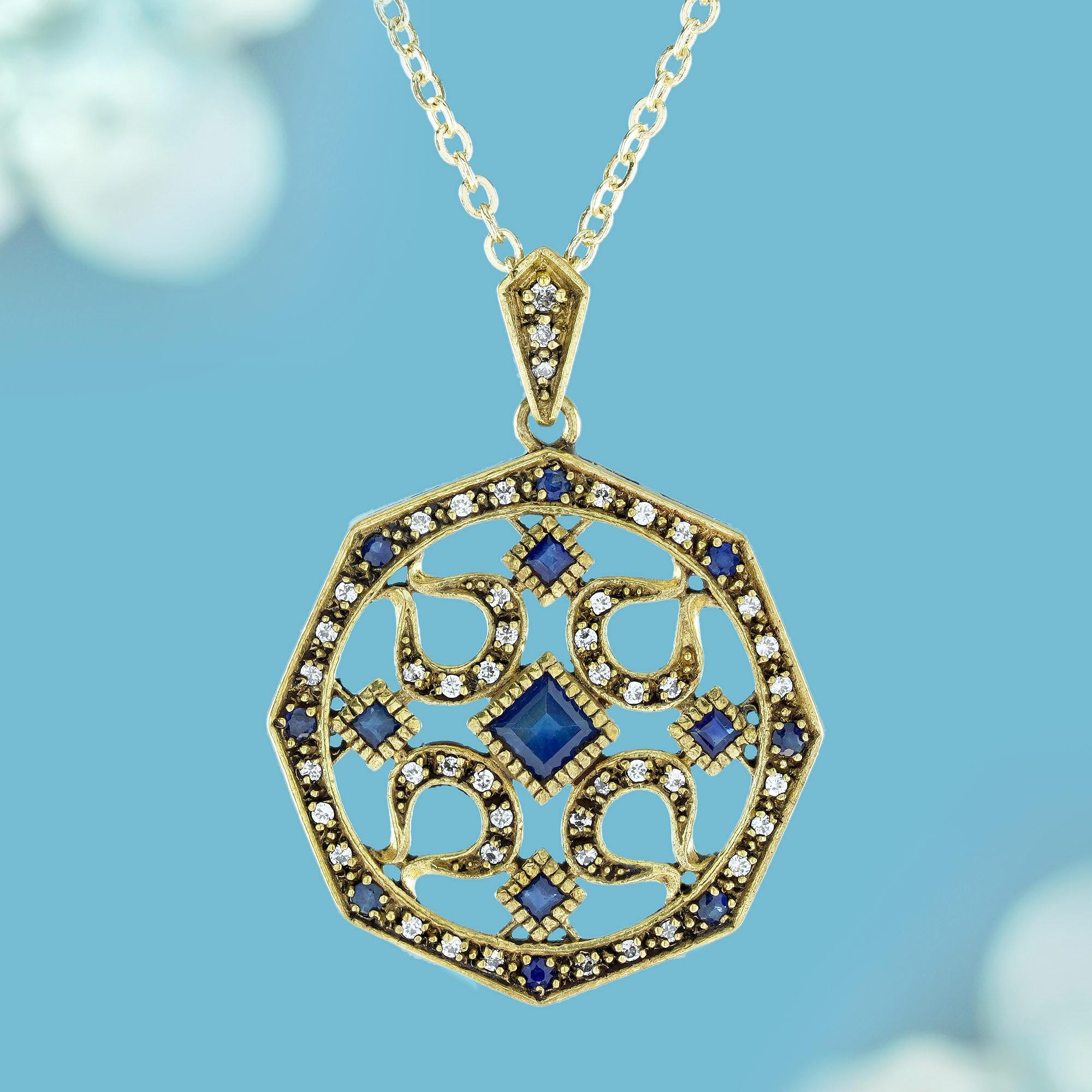 This hexagonal pendant crafted in yellow gold embellished diamonds and a round blue sapphire stationed at every third interval. Within the hexagon, a prominent central square blue sapphire is encircled by four clusters of dazzling diamonds,