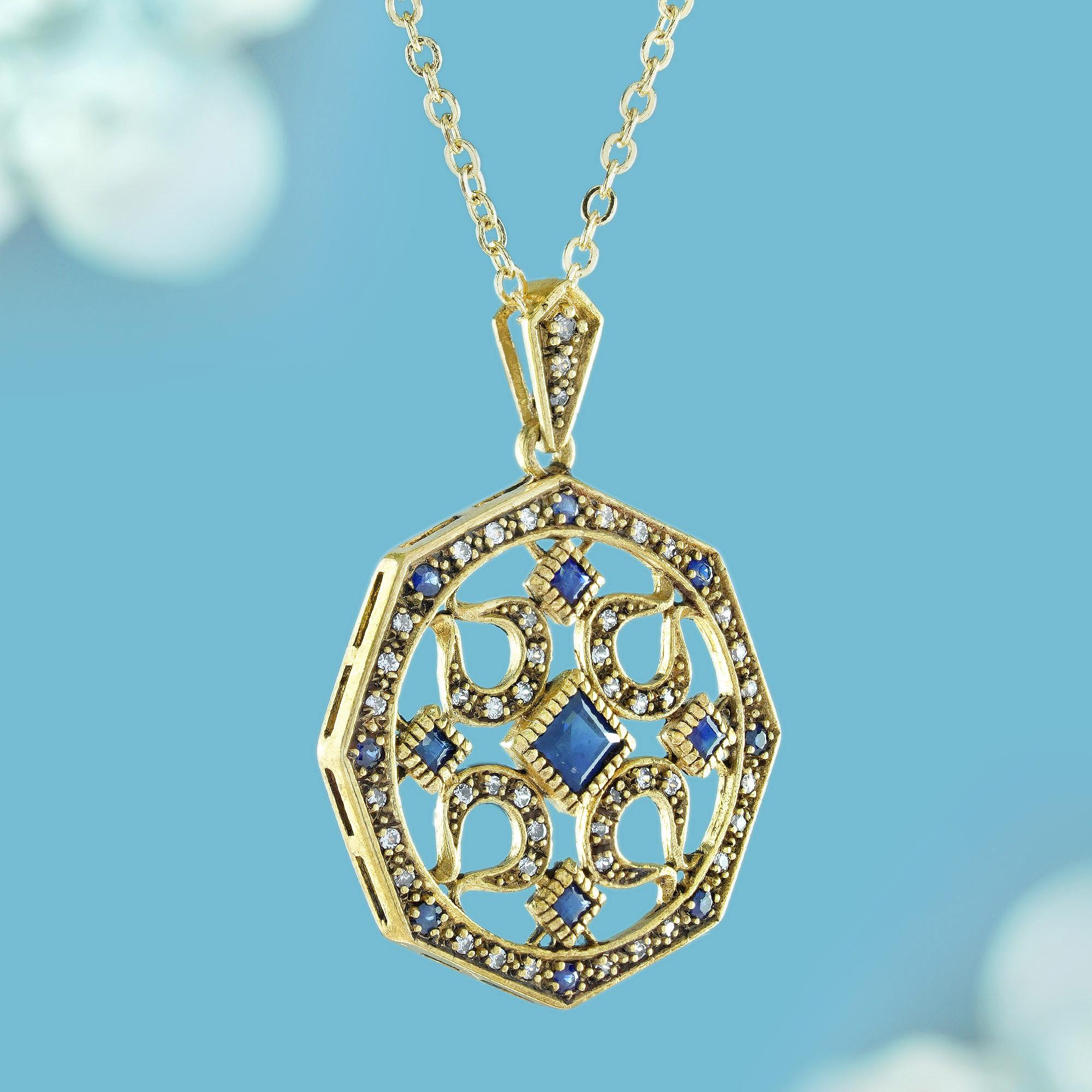 Edwardian Natural Blue Sapphire Diamond Art Deco Style Pendant in 9K Yellow Gold For Sale