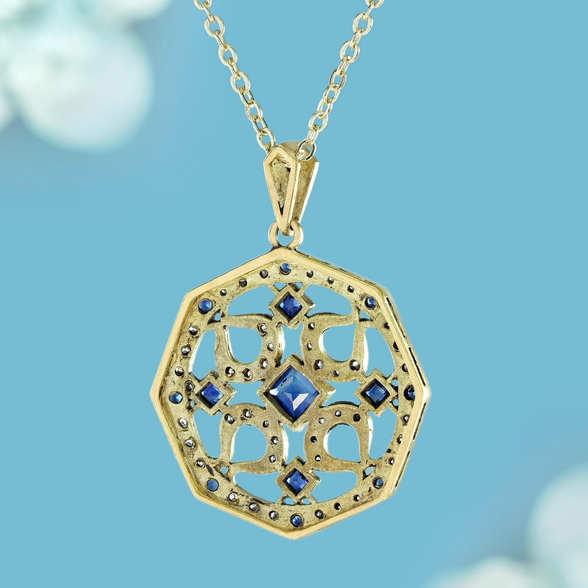 Round Cut Natural Blue Sapphire Diamond Art Deco Style Pendant in 9K Yellow Gold For Sale