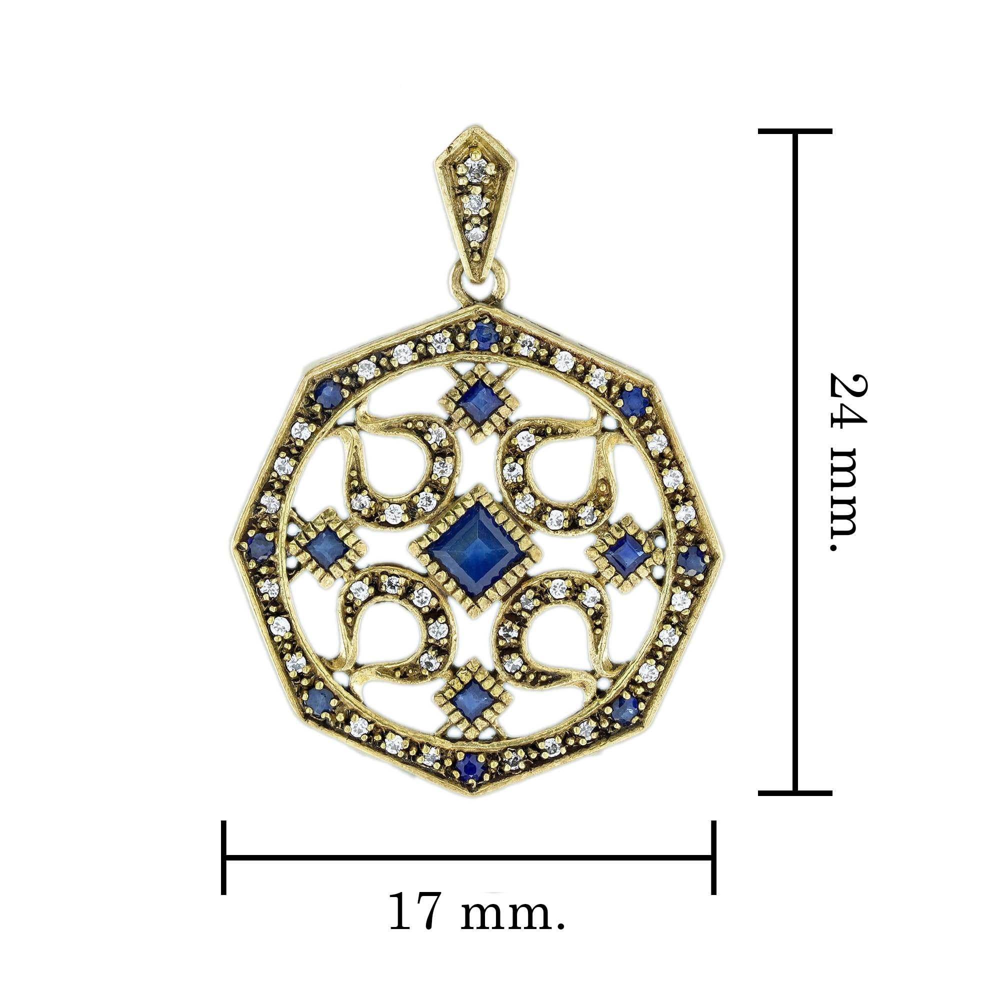 Natural Blue Sapphire Diamond Art Deco Style Pendant in 9K Yellow Gold In New Condition For Sale In Bangkok, TH