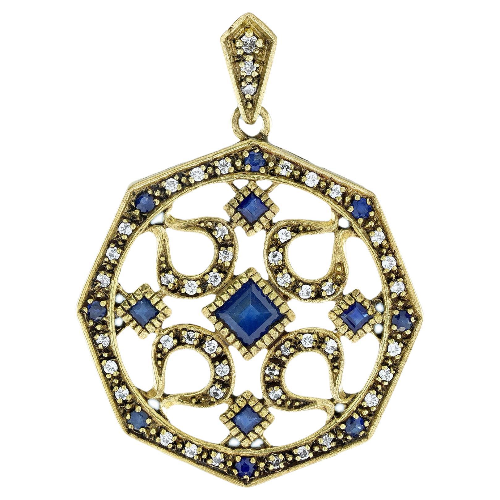 Natural Blue Sapphire Diamond Art Deco Style Pendant in 9K Yellow Gold For Sale