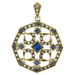 Natural Blue Sapphire Diamond Art Deco Style Pendant in 9K Yellow Gold