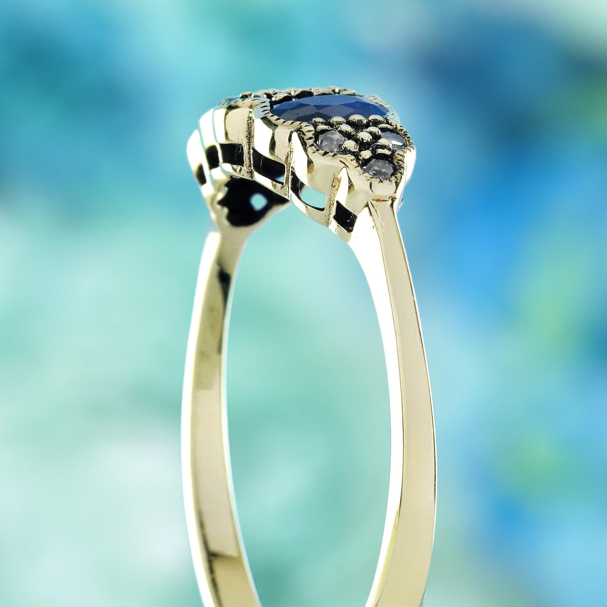 Zweisteinring aus 9 Karat Gelbgold mit natürlichem blauem Saphir und Diamant im Art-déco-Stil Damen