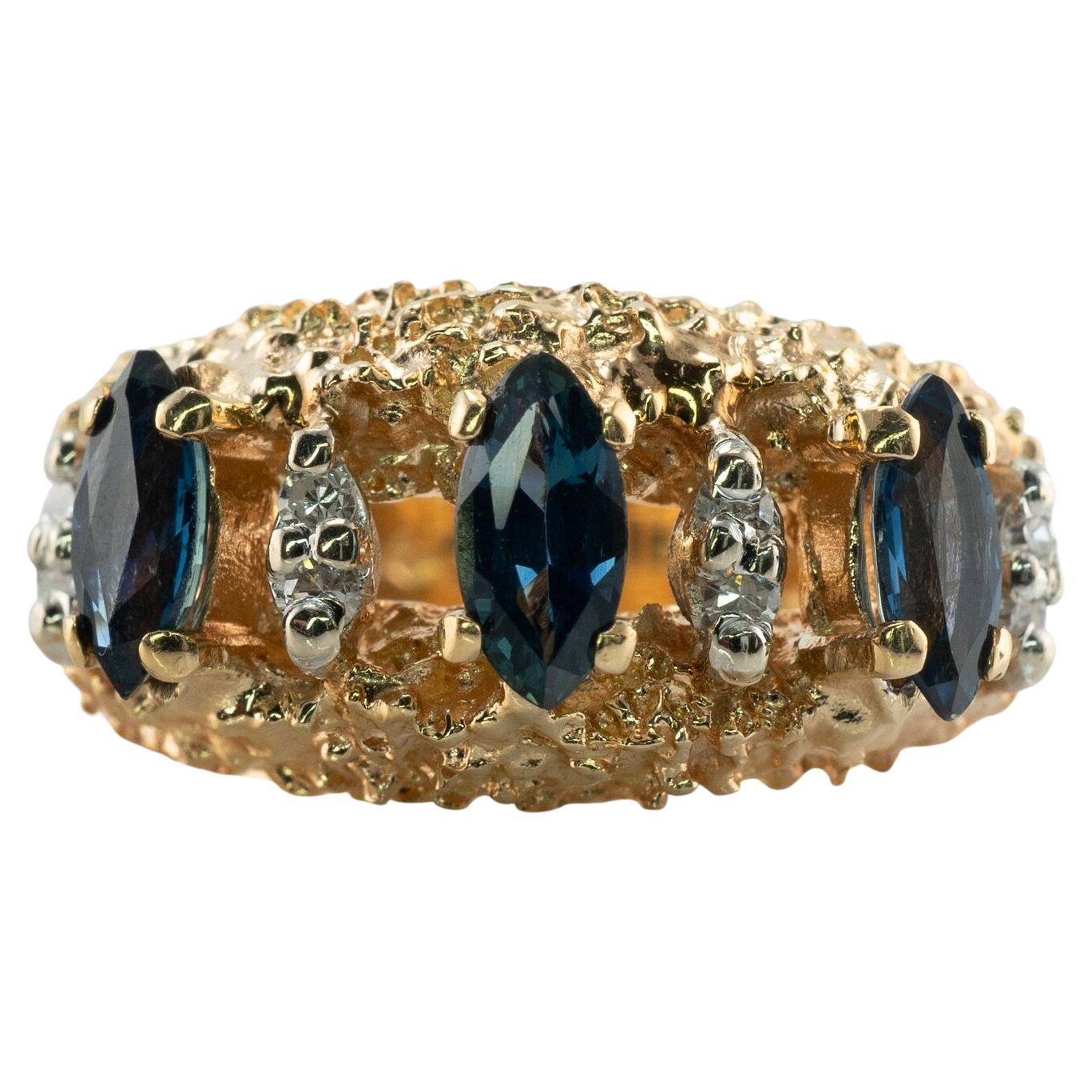 Natural Blue Sapphire Diamond Band Ring 14k Gold Vintage