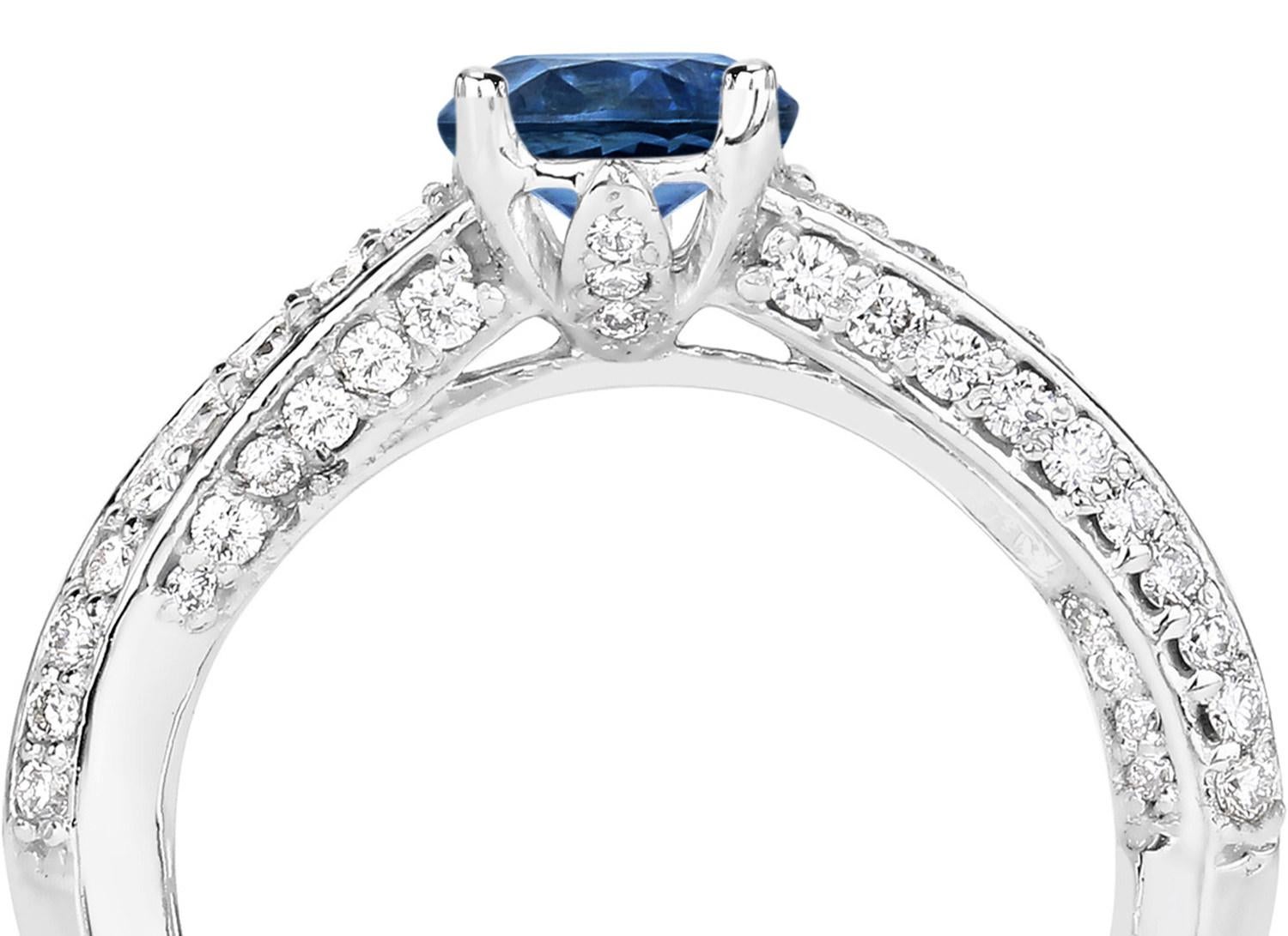 Contemporary Natural Blue Sapphire & Diamond Cocktail Ring 1.60 Carats Total 14k White Gold For Sale