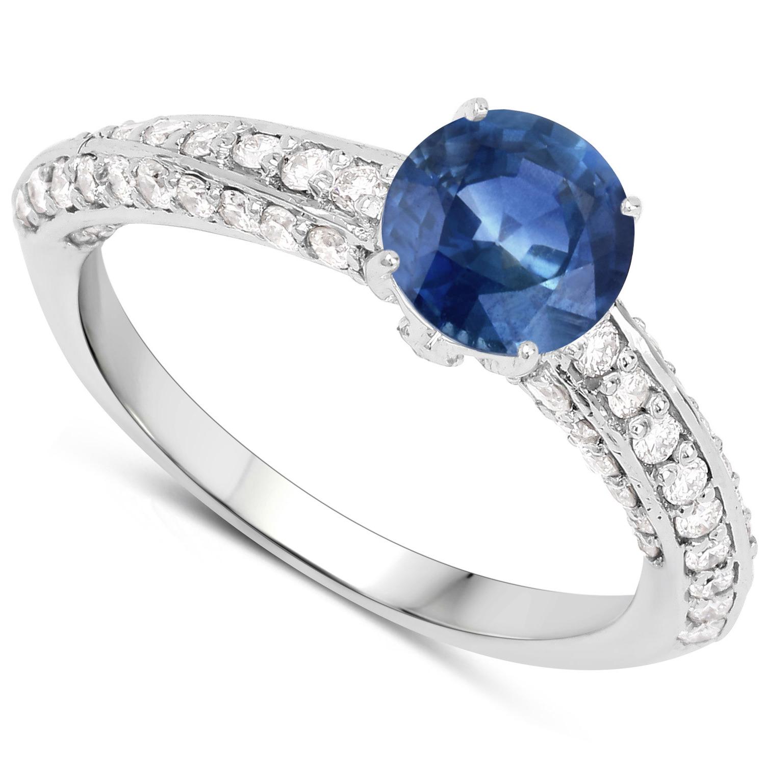 Round Cut Natural Blue Sapphire & Diamond Cocktail Ring 1.60 Carats Total 14k White Gold For Sale