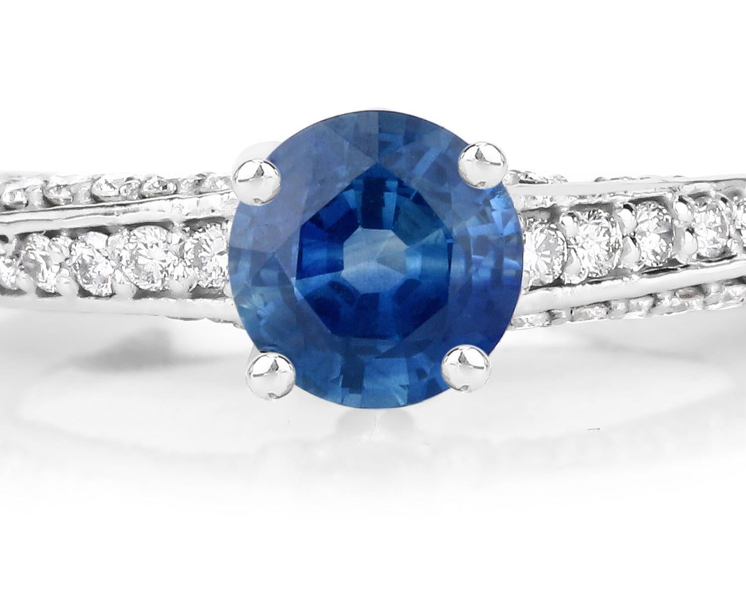Round Cut Natural Blue Sapphire & Diamond Cocktail Ring 1.60 Carats Total 14k White Gold For Sale