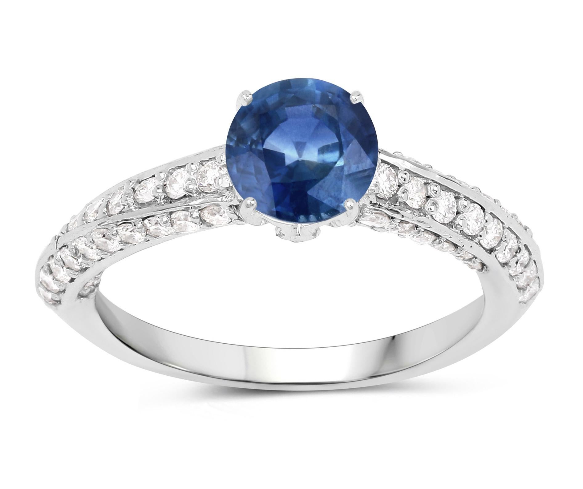 Women's Natural Blue Sapphire & Diamond Cocktail Ring 1.60 Carats Total 14k White Gold For Sale