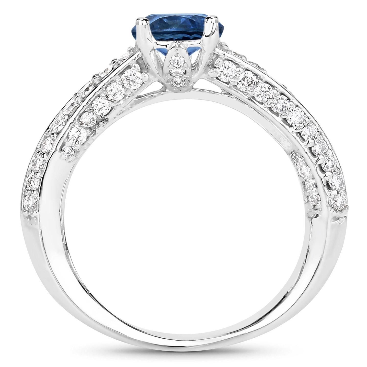 Women's Natural Blue Sapphire & Diamond Cocktail Ring 1.60 Carats Total 14k White Gold For Sale