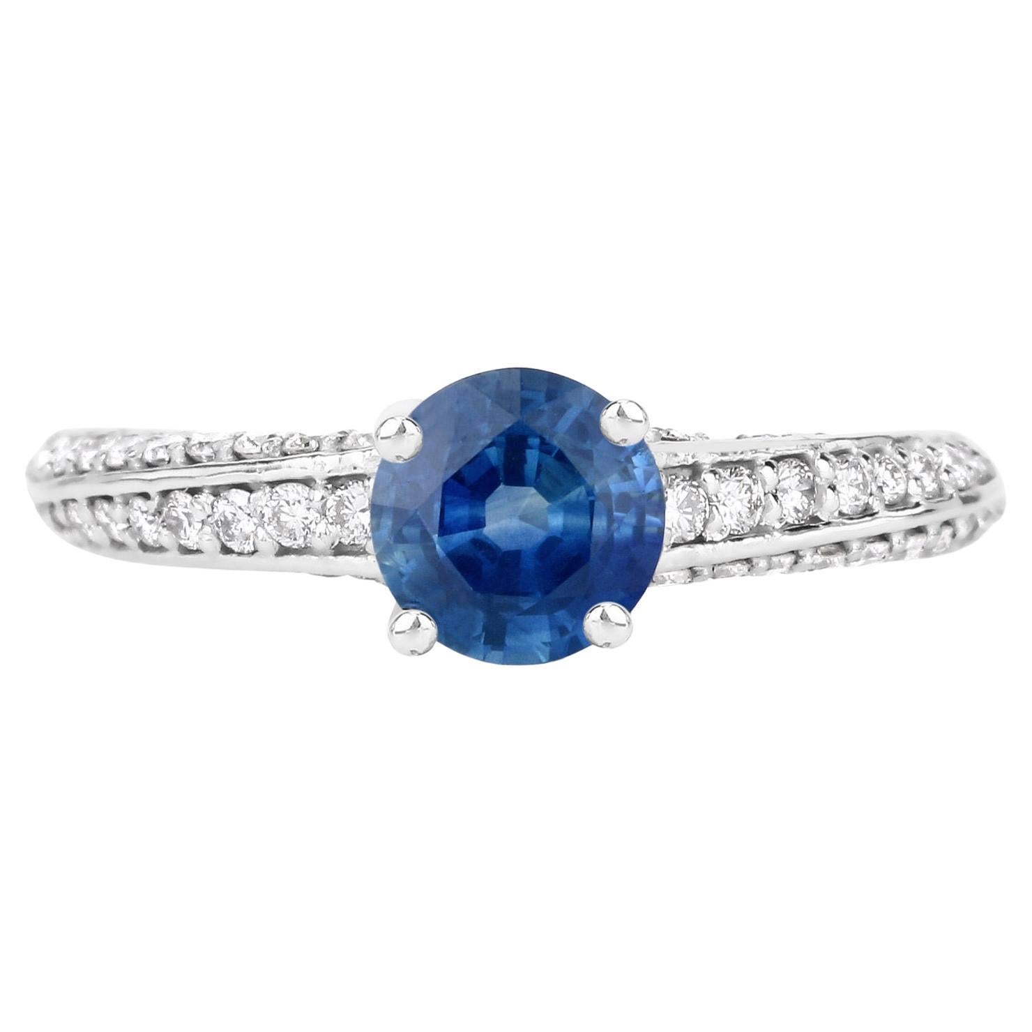 Natural Blue Sapphire & Diamond Cocktail Ring 1.60 Carats Total 14k White Gold For Sale