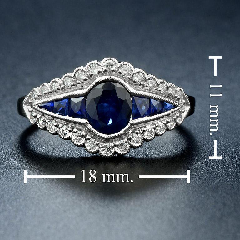 For Sale:  Natural Blue Sapphire with Diamond Art Deco Style Halo Ring in 18K Gold 7