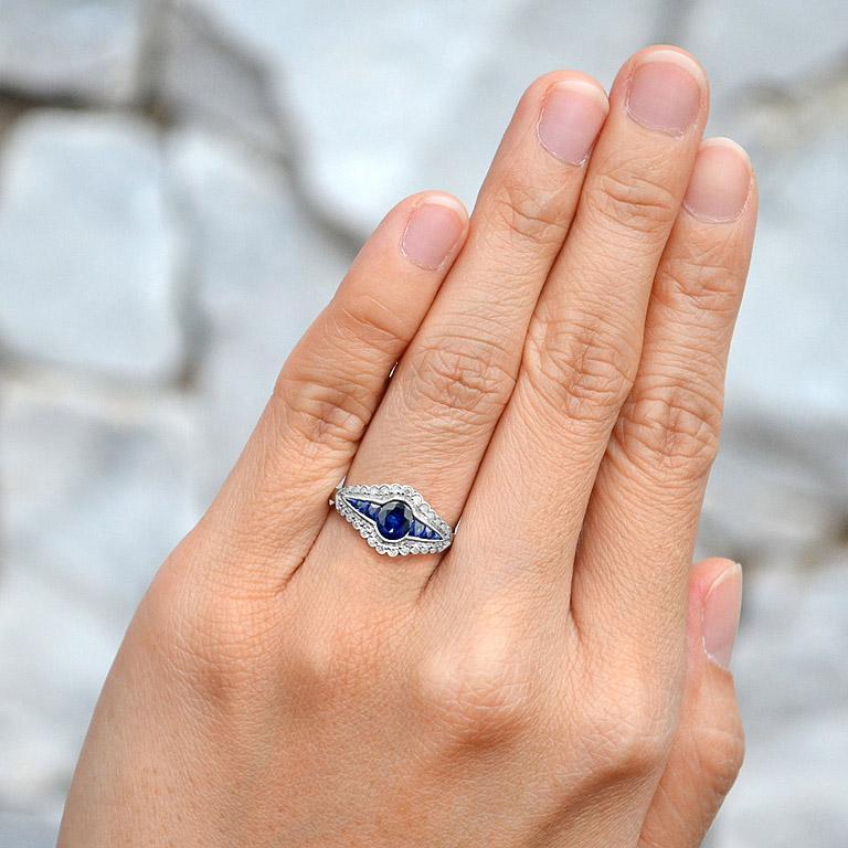For Sale:  Natural Blue Sapphire with Diamond Art Deco Style Halo Ring in 18K Gold 8