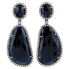 Natural Blue Sapphire Diamond Dangle Earrings 18K Gold Silver Drop Jewelry