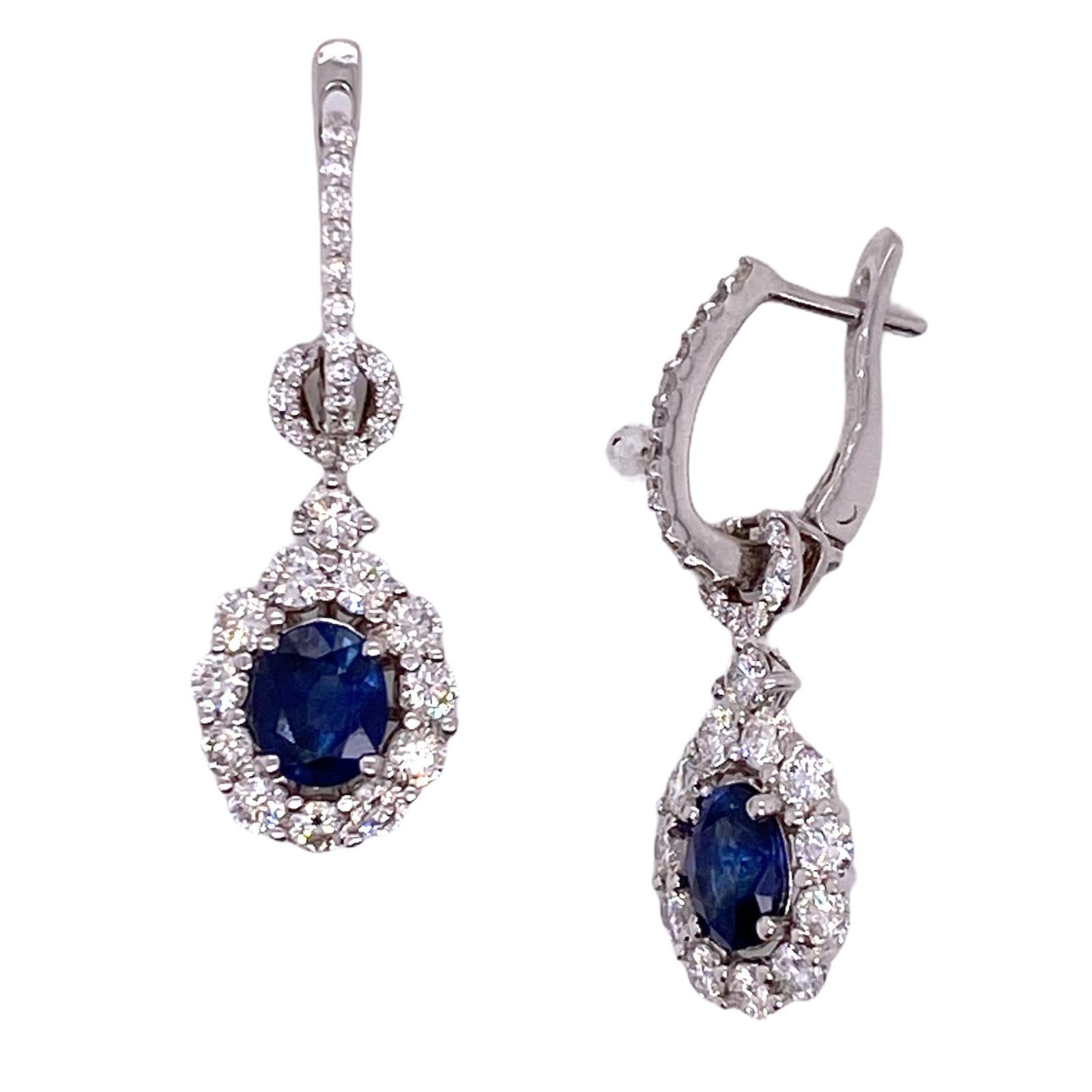 Modern Natural Blue Sapphire Diamond Drop 18 Karat White Gold Earrings