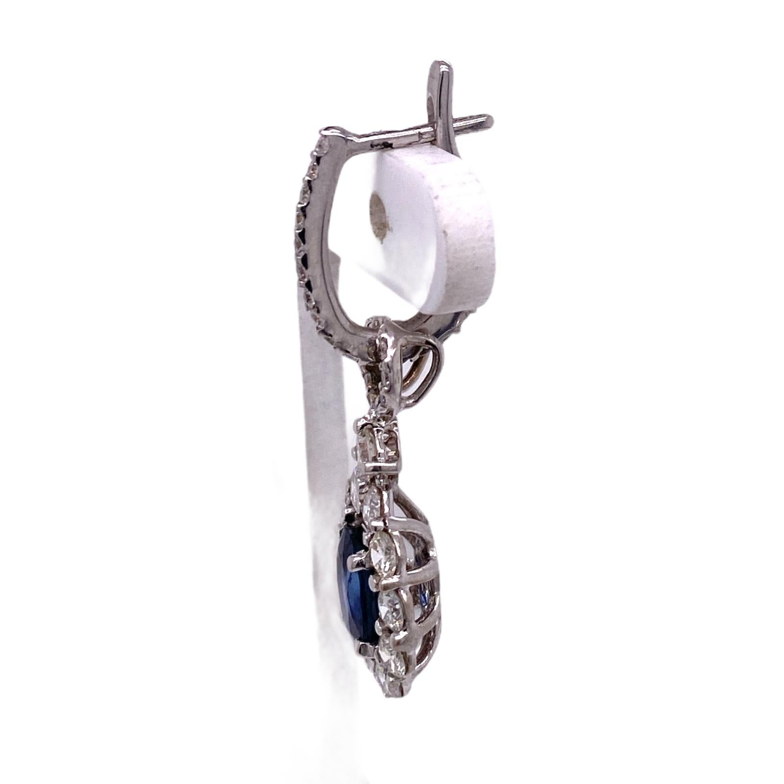 Round Cut Natural Blue Sapphire Diamond Drop 18 Karat White Gold Earrings