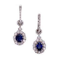 Natural Blue Sapphire Diamond Drop 18 Karat White Gold Earrings