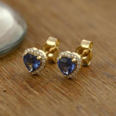 14K Gold Blue Sapphire Heart Earrings with Diamond Halo