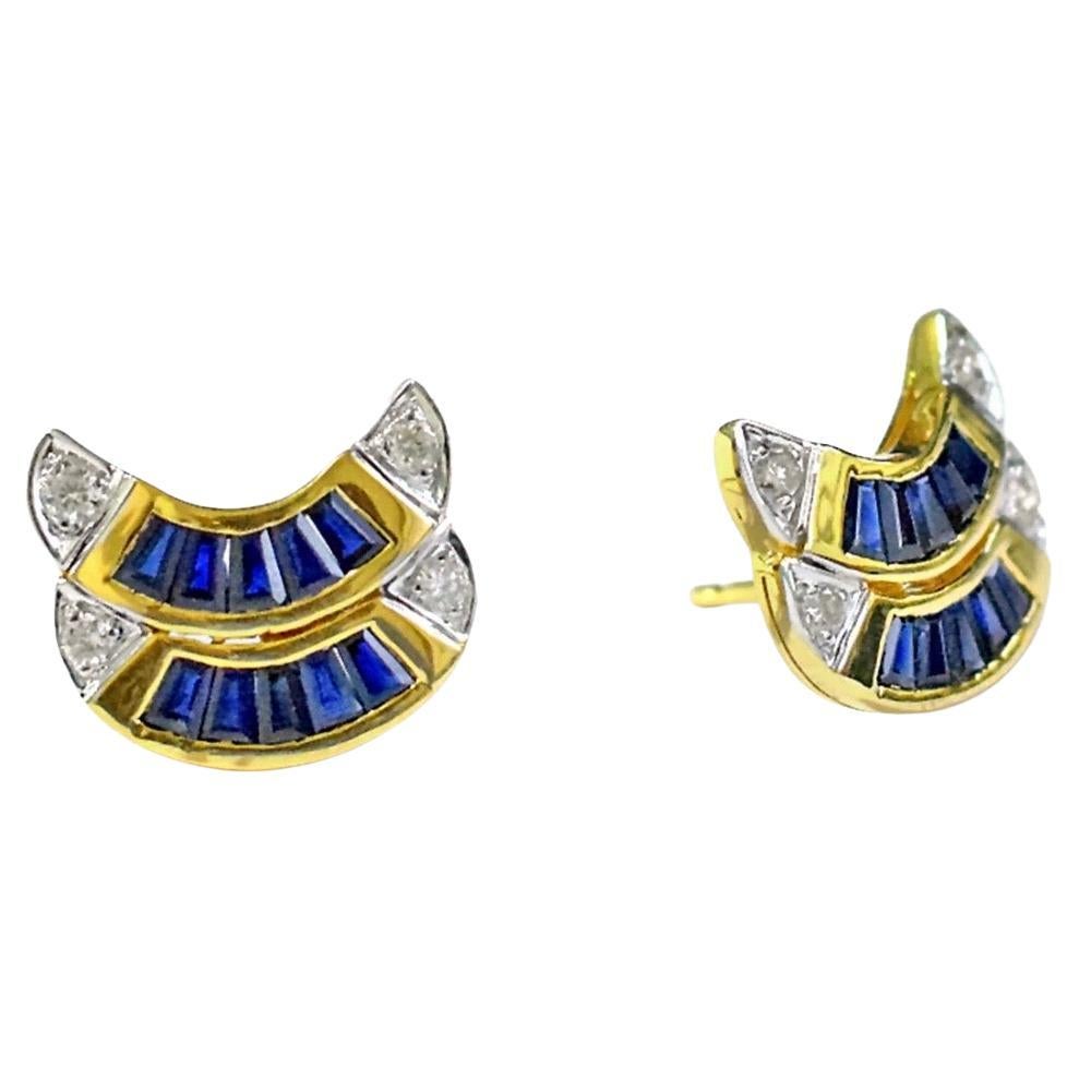 Natural Blue Sapphire and Diamond Stud Earrings in 18K Gold, India