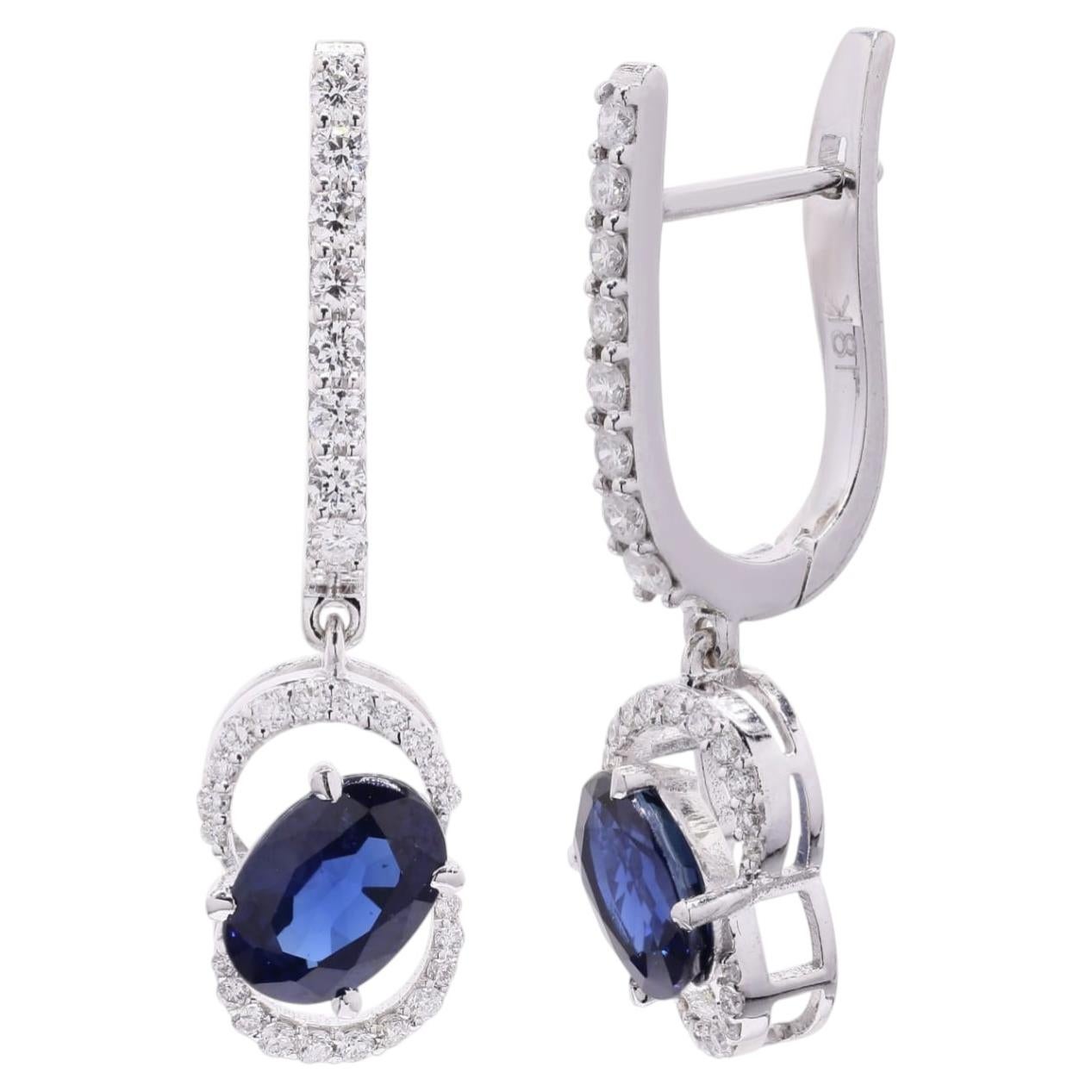18K Gold Blue Sapphire & Diamond Stud Earrings, 2.01ct For Sale