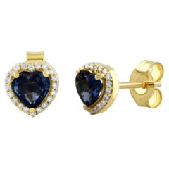 14K Gold Blue Sapphire Heart Earrings with Diamond Halo