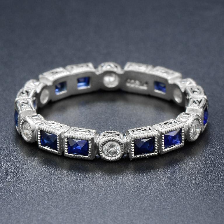 Alternate Double Sapphire with Diamond Eternity Band Ring in 18K White Gold 4
