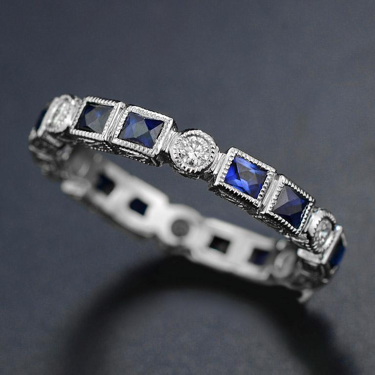 For Sale:  Alternate Double Sapphire with Diamond Eternity Band Ring in 18K White Gold 5