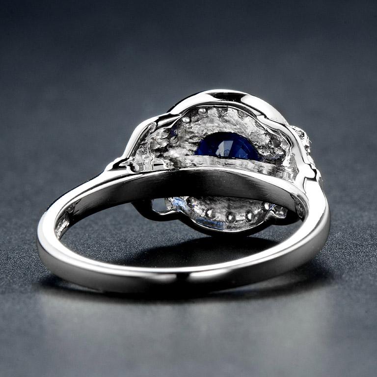 Round Cut Art Deco Style Ceylon Sapphire and Diamond Engagement Ring in 18K White Gold For Sale