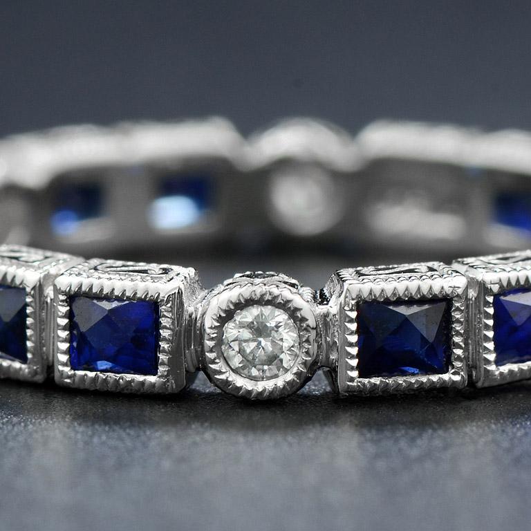 For Sale:  Alternate Double Sapphire with Diamond Eternity Band Ring in 18K White Gold 7