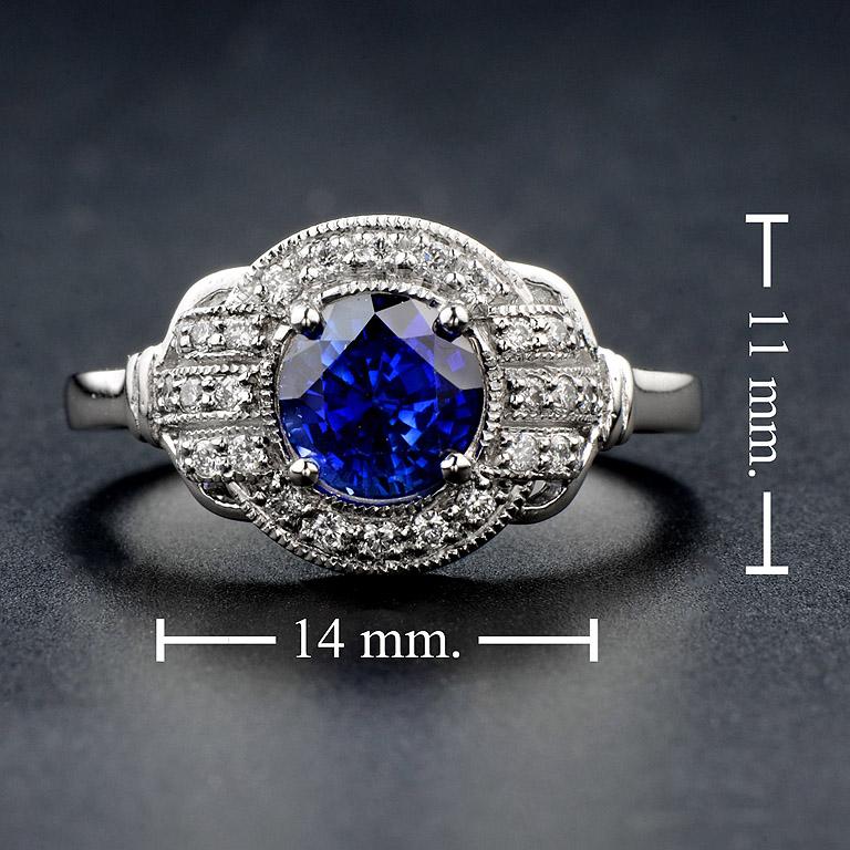 Women's Art Deco Style Ceylon Sapphire and Diamond Engagement Ring in 18K White Gold For Sale