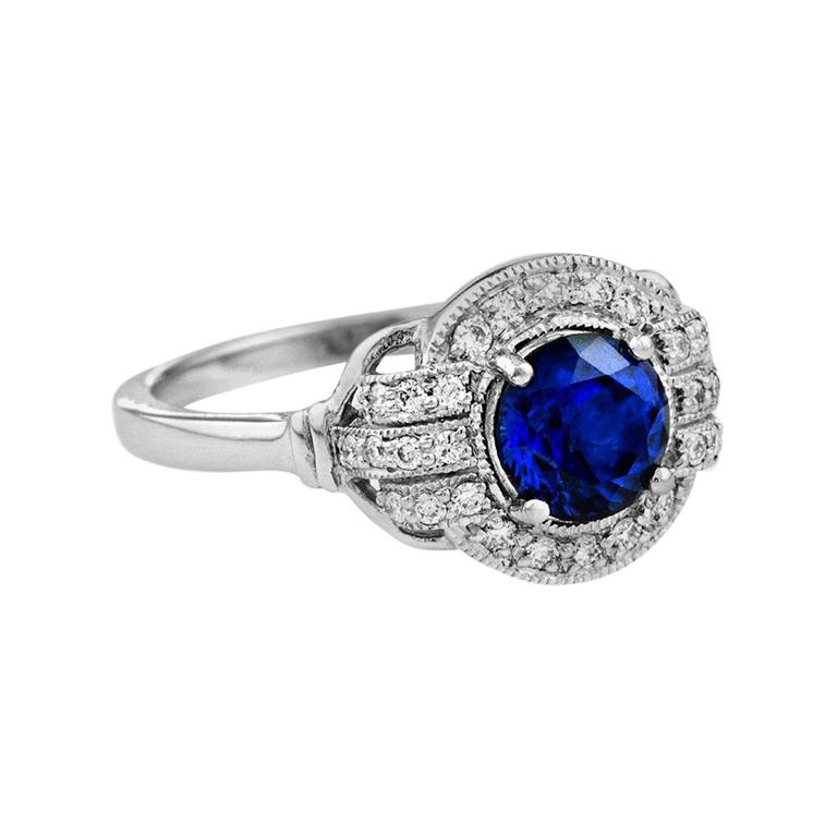 Art Deco Style Ceylon Sapphire and Diamond Engagement Ring in 18K White Gold