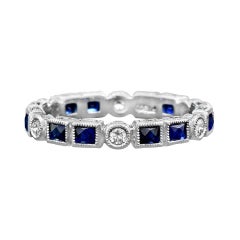 Retro Alternate Double Sapphire with Diamond Eternity Band Ring in 18K White Gold