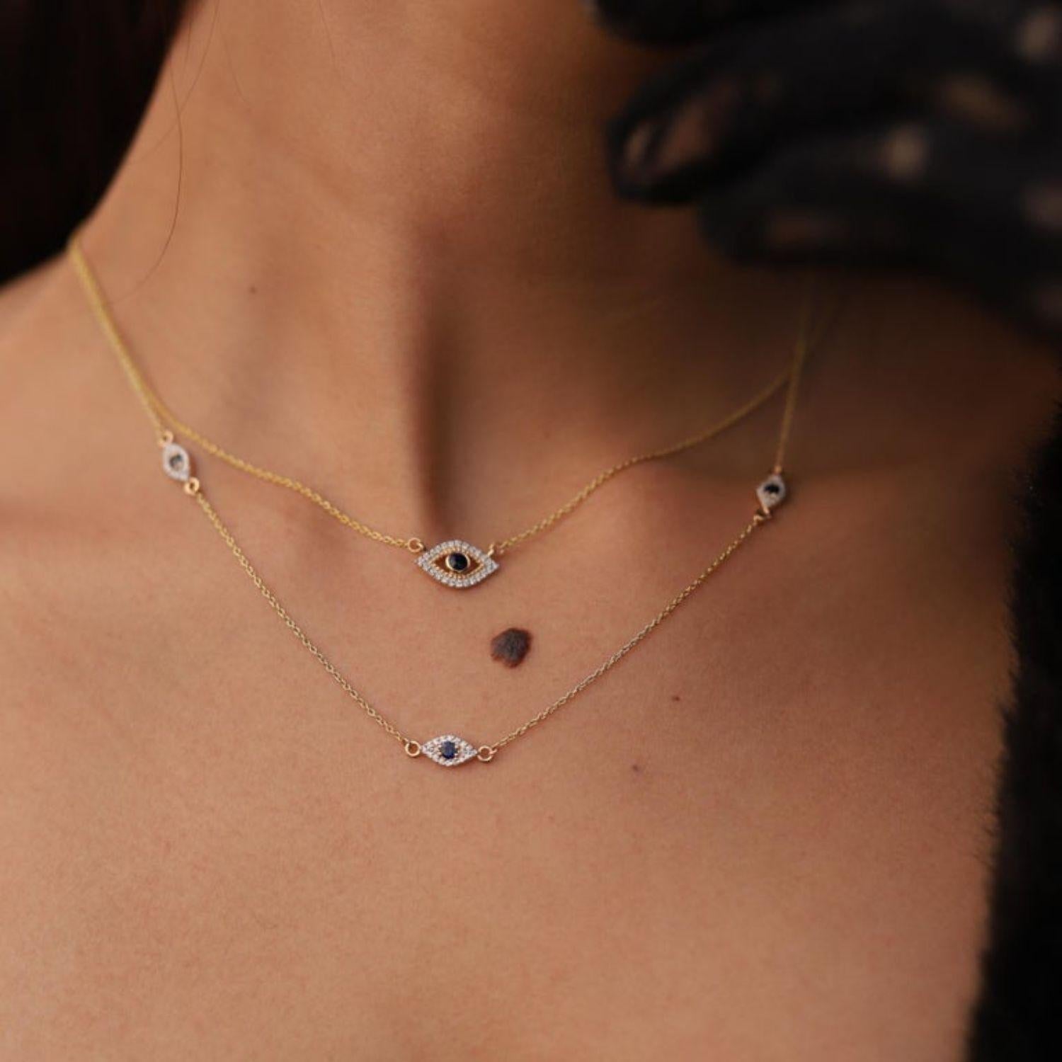 Modern Natural Blue Sapphire Diamond Evil Eye Pendant Necklace in 14k Solid Yellow Gold For Sale