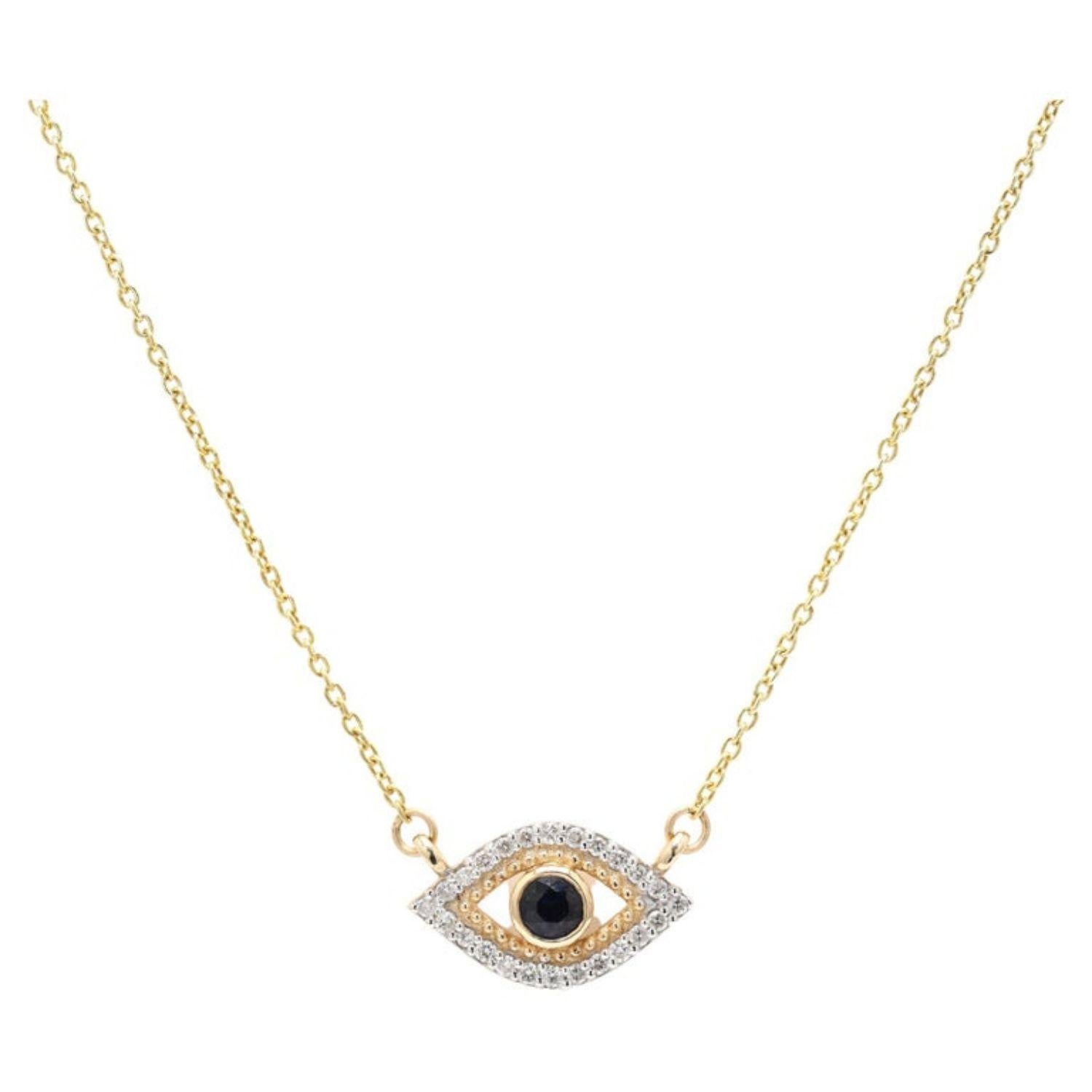 Women's Natural Blue Sapphire Diamond Evil Eye Pendant Necklace in 14k Solid Yellow Gold For Sale