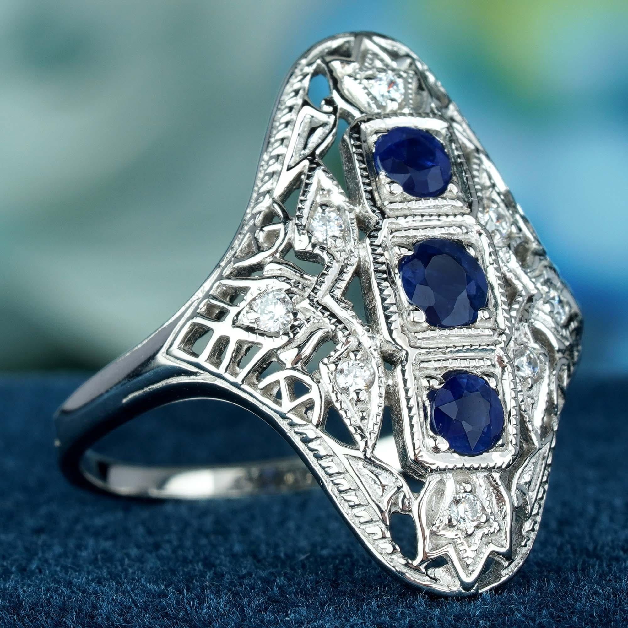 Edwardian Natural Blue Sapphire Diamond Filigree Three Stone Ring in Solid 9K White Gold For Sale