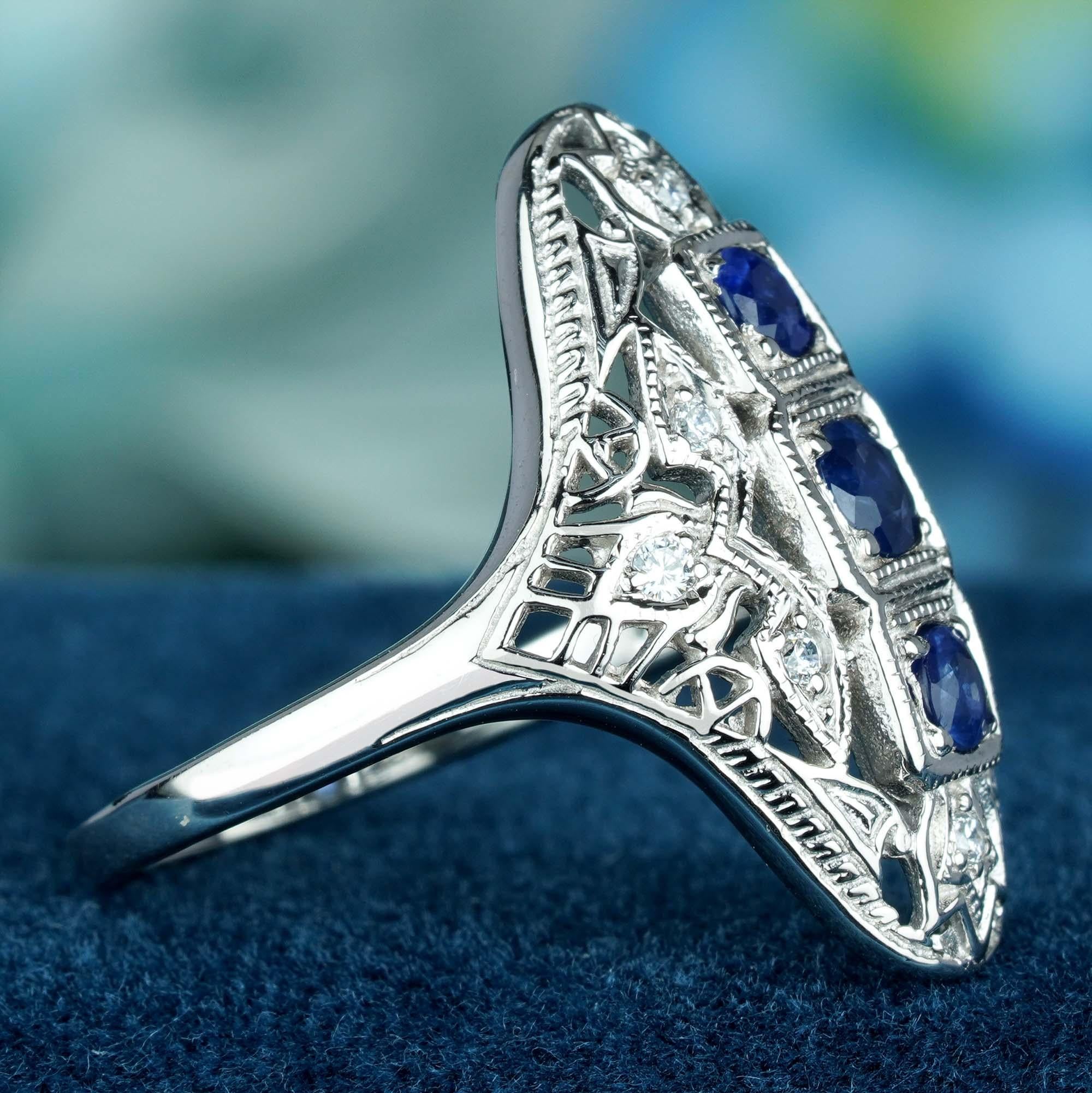 Round Cut Natural Blue Sapphire Diamond Filigree Three Stone Ring in Solid 9K White Gold For Sale