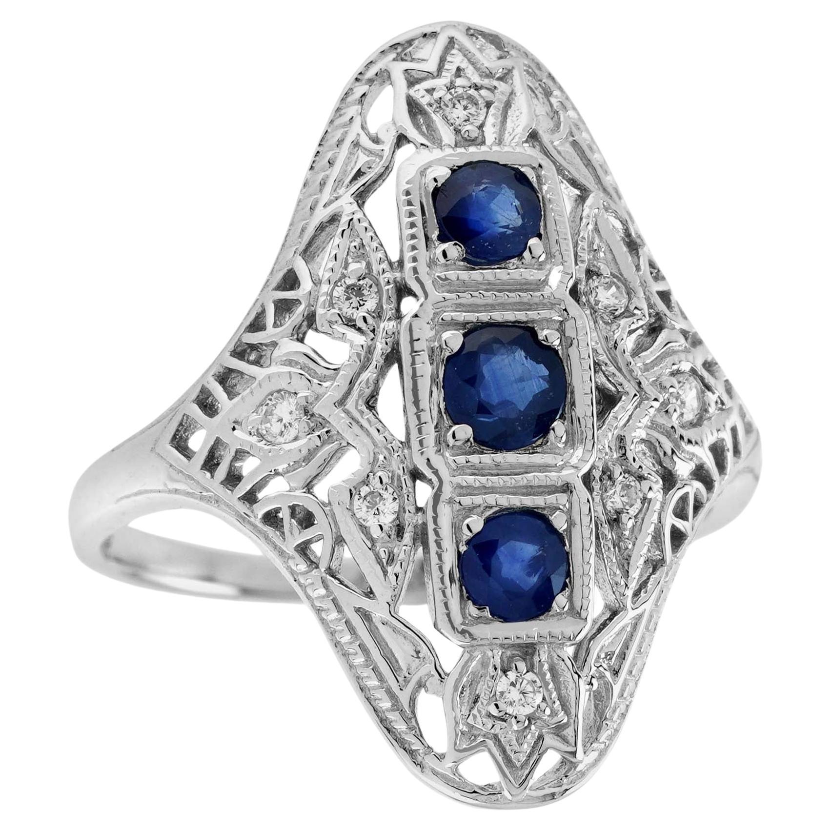 Natural Blue Sapphire Diamond Filigree Three Stone Ring in Solid 9K White Gold For Sale