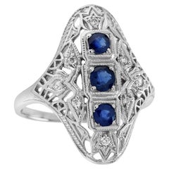 Natural Blue Sapphire Diamond Filigree Three Stone Ring in Solid 9K White Gold