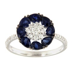 Natural Blue Sapphire Diamond Floral Cluster Ring 18k White Gold